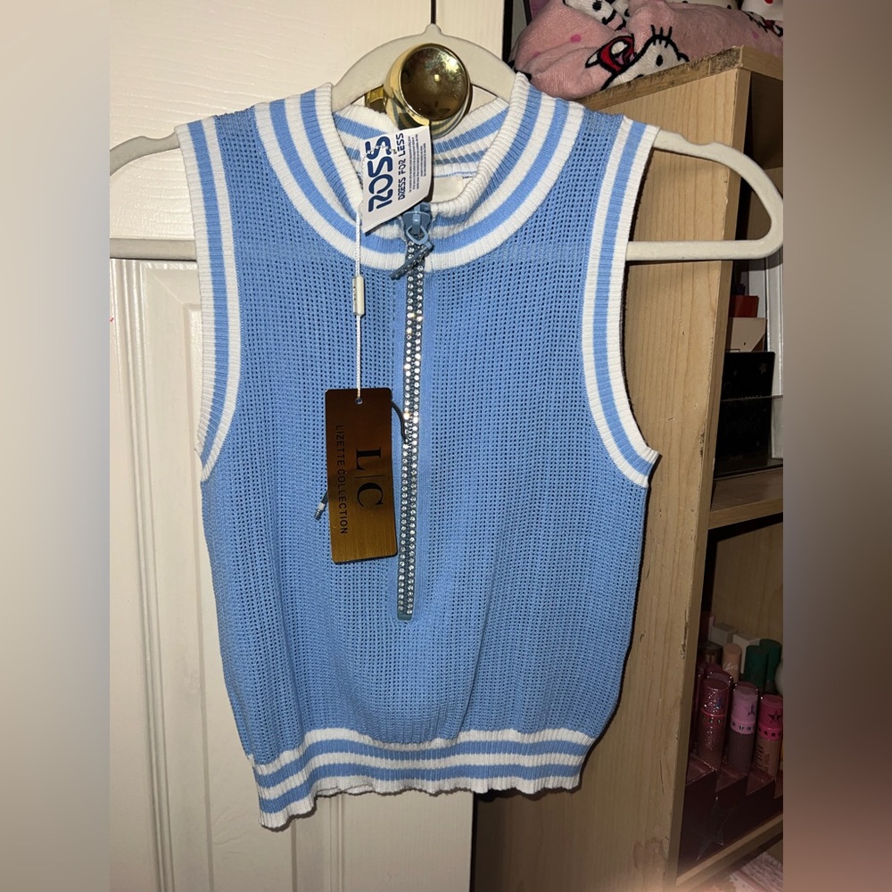Blue Sleeveless Knit Zipper Top – Sparkly Bling Detail | LC Lizette | Size M